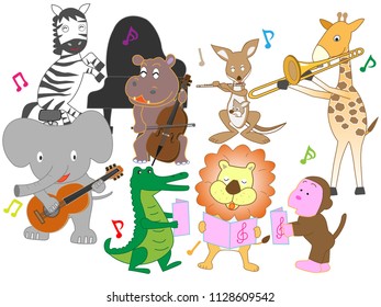 Animals are playing instruments and singing songs.
