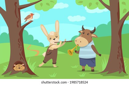 Animals playing music illustration in cartoon style. Bull and hare playing horn and flute. Ferret and bird listening, enjoying melody. Entertainment concept for website or landing page