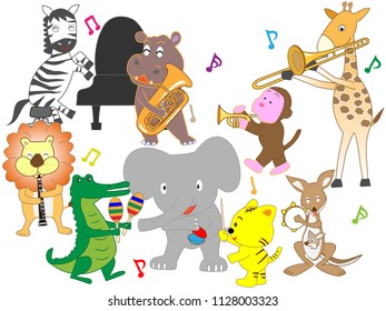 The animals are playing musical instruments.
