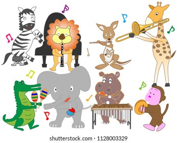 The animals are playing musical instruments.
