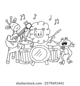Animals playing musical instruments. Coloring book for children. Vector illustration.