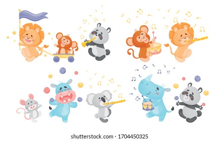 Animals Playing Musical Instruments and Juggling the Balls Vector Set