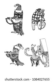 Animals playing musical instruments, naive illustration, vector