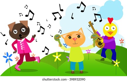 Animals playing with musical instruments on a meadow.