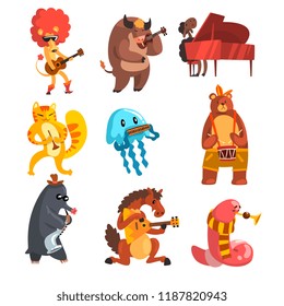 Animals playing musical instruments set, lion, cow, sheep, jellyfish, cat, mole, horse, earthworm, bear, musician animals cartoon characters vector Illustration