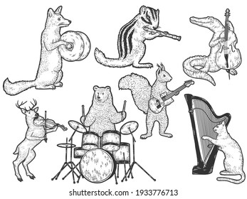 Animals playing musical instruments set, musician animals cartoon characters. Sketch scratch board imitation.