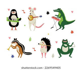 Animals playing musical instruments set. Penguin, rat, crocodile, hedgehog, frog, chipmunk playing music cartoon vector illustration