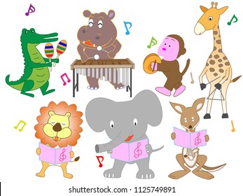 The animals are playing and singing instruments.
