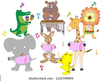 The animals are playing and singing instruments.
