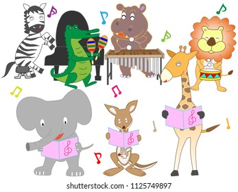 The animals are playing and singing instruments.
