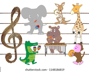 The animals are playing and singing instruments.
