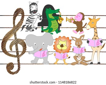 The animals are playing and singing instruments.
