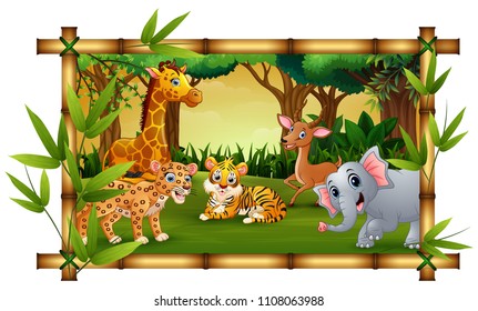 The animals playing together with bamboo frame