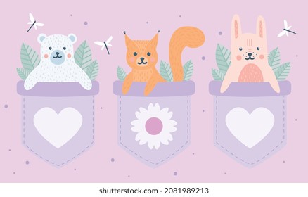 Animals In Pocket. Beautiful And Stylish Stickers Or Bages For Childrens. Cute Persons, Fluffy Beautiful Characters. Nature, Mammals, Toys. Forest Animals Go To Bed. Cartoon Flat Vector Illustration