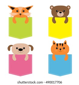 Animals In The Pocket. Cute Cartoon Colorful Dog, Bear, Fox, Kitten Kitty Character. Dash Line. Pet Animal Collection. Isolated On White. T-shirt Design. Baby Background. Flat Vector