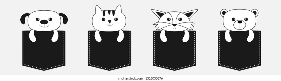Animals in the pocket. Cute cartoon dog, bear, fox, kitten contour kitty character set line. Pet animal collection. White and black color. T-shirt design. Baby background. Isolated. Flat design Vector