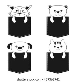 Animals in the pocket. Cute cartoon dog, bear, fox, kitten contour kitty character. Dash line. Pet animal collection. White and black color. T-shirt design. Baby background. Isolated. Flat Vector