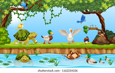 Animals in a pond scene illustration