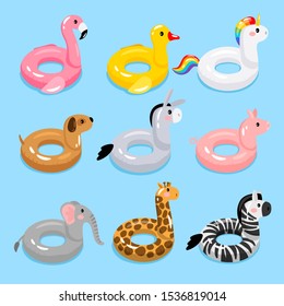 Animals Pool Float Rings. Kids Swimming Rings With Animal Heads. Baby Water Floating Duck And Flamingo, Unicorn And Giraffe Lifebuoys, Children Cartoon Sea Party Toys, Vector Illustration