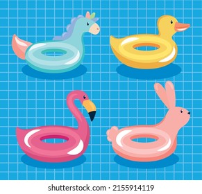 animals pool ring floats icon set
