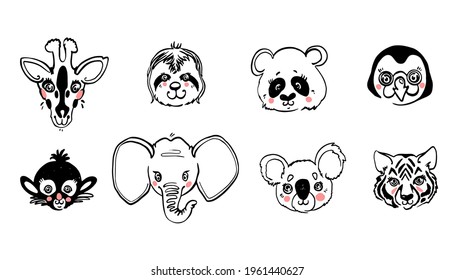 Animals portrait: penguin, panda, sloth, giraffe, koala, elephant, monkey, tiger. Black line sketch. Cartoon cute animal icon head illustration. Vector hand drawing doodle logo style.