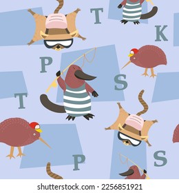 Animals portraits and ABC letters learning for kids in school. Cute personages, kiwi wearing hat. Alphabet and zoo fauna. Seamless pattern, wallpaper or background print. Vector in flat style