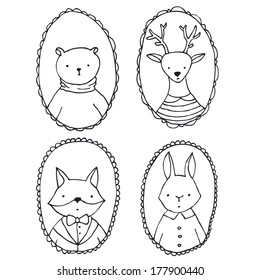 Animals portraits - vector outlines illustration