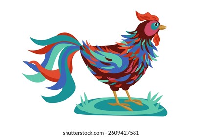 Animals, poultry on the farm. Beautiful bright multicolored rooster on white background. Children's flat cartoon vector illustration.