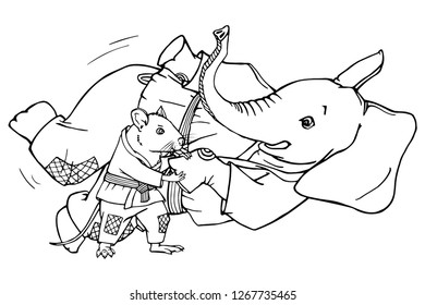 Animals are practicing, defending skills in uniform. Black line art isolated on white background. Suitable for oriental martial arts such as aikido, judo, karate, jiu-jitsu, budo