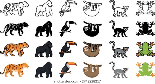Animals are presented in a diverse vector collection showcasing six wild creatures as four style icons