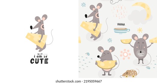 Animals print and seamless pattern with cute mouse and cheese. Greeting card and wrapping paper set. T-shirt print and kids fabric design. Vector illustration