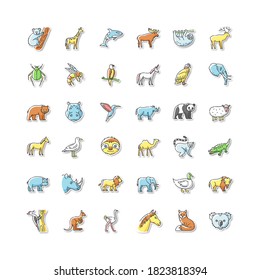 Animals printable patches. Different wildlife, diverse fauna RGB color stickers, pins and badges set. Common and exotic animal species. Flying, land and sea creatures. Vector isolated illustrations