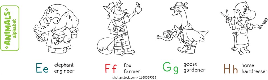 Alfabeto de las profesiones animales o ABC. Libro de coloración