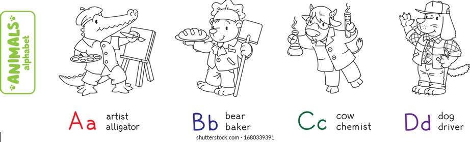 Alfabeto de las profesiones animales o ABC. Libro de coloración