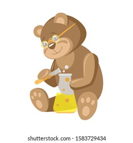 Animals and professions. The bear is a scientist. Bear chemist. Chemical devices. Educational materials. Color vector image