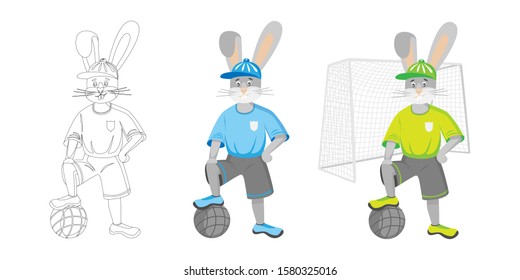Animals and professions. Educational materials. Rabbit athlete. Rabbit is a football player. Vector icon set. Linear and color vector image. Clipart