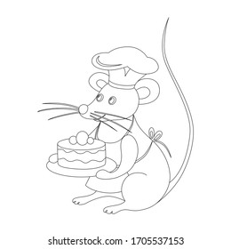 Animals and professions. Mouse-cook, mouse-baker with a cake in its paws. Educational materials. Coloring book for children. Linear image