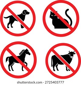 Animales Prohibidos Conjunto de iconos que muestra símbolos prohibidos de perro, gato, vaca y caballo dentro de círculos rojos prohibidos No se permiten animales Señalización Restricción de seguridad Áreas públicas Control Advertencia Ilustración vectorial