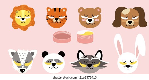 Animals put on patches. Cosmetics advertisement. Vector stock illustration. Pink background.