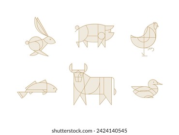 Animals rabbit, pig, chicken, fish, cow, duck drawing in art deco linear style on light background