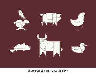 Animals rabbit, pig, chicken, fish, cow, duck drawing in art deco linear style on red background
