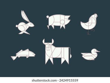 Animals rabbit, pig, chicken, fish, cow, duck drawing in art deco linear style on blue background