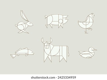 Animals rabbit, pig, chicken, fish, cow, duck drawing in art deco linear style on beige background