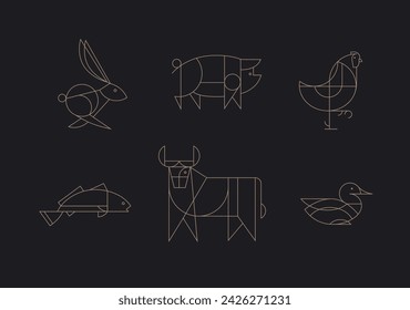 Animals rabbit, pig, chicken, fish, cow, duck drawing in art deco linear style on black background