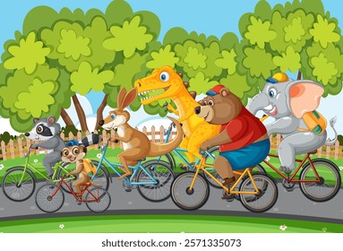 Animals racing on bicycles through a scenic park