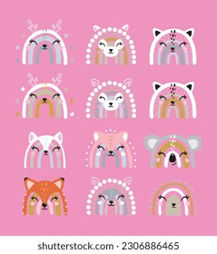Tiere Regenbogenfox racoon alpaca lama hirsche Katze tragen süßes Porträt von Kinderzimmer Dekor Poster Logo Kinderzimmer Deko T-Shirt Design Kindergarten kleine Wand Design abstrakte Inspiration