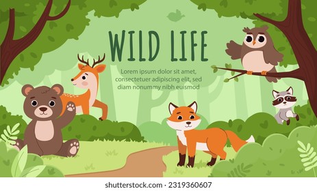 Animals in rainforest concept. Jungle wild life. Bear, deer, fox, raccoon and owl. Biology and fauna, flora. Beautiful natural landscape with animals. Cartoon flat vector illustration