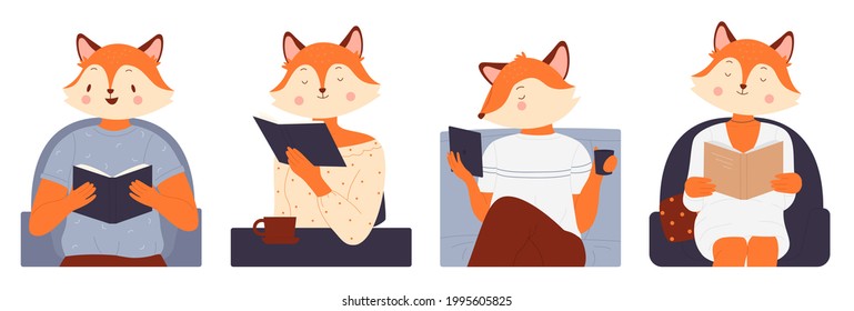 Animals read books set, education of cute fox characters vector illustration. Cartoon funny fox booklover reading story book literature from library or bookstore, fun storytime isolated on white