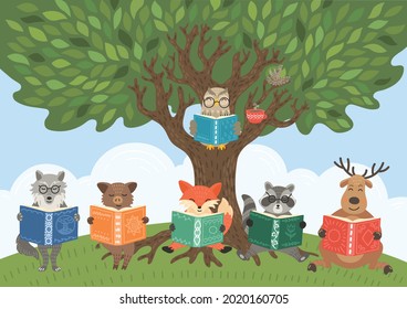 Animals read books under big tree in the forest. Owl, deer, raccoon, fox, wolf and boar. Children illustration, literature, storytime, education concept. 