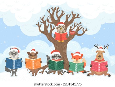 Animals read books winter forest under big tree. Owl, deer, raccoon, fox, wolf and boar in Santa hats. Winter holiday children illustration, literature, storytime concept. 